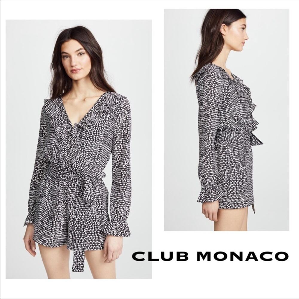 Club Monaco Romper Womens 4 Black White Print Long Sleeve Ruffle V Neck